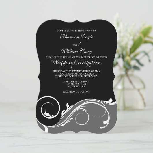 Invitation Noir Gris Floral Bracket Mariage Invite (Debout devant)