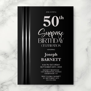 Invitation Noir Gris rayé d'argent 50e Anniversaire Surprise