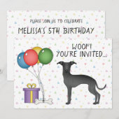 Invitation Noir italien Greyhound mignon dessin chien Anniver (Devant / Derrière)