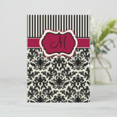 Invitation Noir, ivoire, Red Stripes Damask Monogramme Invita (Debout devant)
