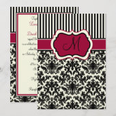 Invitation Noir, ivoire, Red Stripes Damask Monogramme Invita (Devant / Derrière)