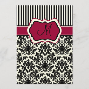 Invitation Noir, ivoire, Red Stripes Damask Monogramme Invita