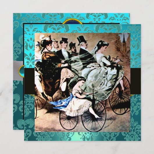INVITATION NOIR JAUNE BICYCLE BLEU MARIAGE DAMASK MONOGRAM (Devant / Derrière)