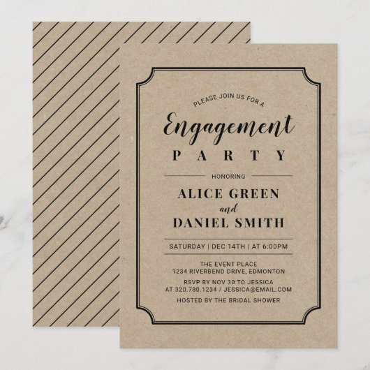 Invitation Noir & Kraft | Partie d'engagement Mariage classiq (Devant / Derrière)