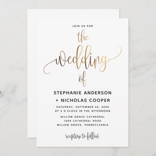 Invitation Noir Lovely Script Typographie Mariage Or (Devant / Derrière)