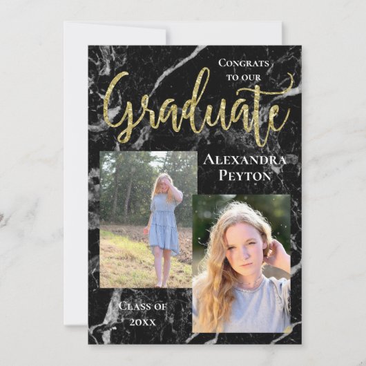Invitation Noir Marbre Gold Script Photo Graduation (Devant)