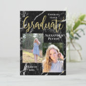 Invitation Noir Marbre Gold Script Photo Graduation (Debout devant)