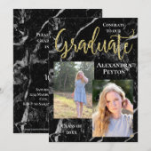Invitation Noir Marbre Gold Script Photo Graduation (Devant / Derrière)