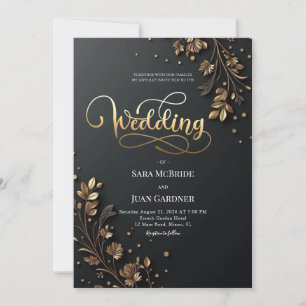 Invitation Noir mat et motifs botaniques en feuille d'or 3D