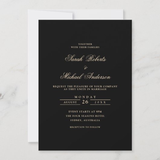 Invitation Noir minima calligraphie Mariage de script or (Devant)