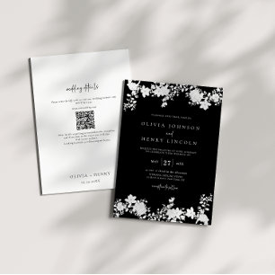 Invitation Noir minimaliste Blanc QR Code Floral Mariage