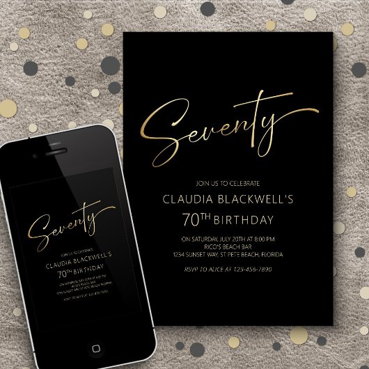 Invitation Noir minimaliste moderne 70e anniversaire