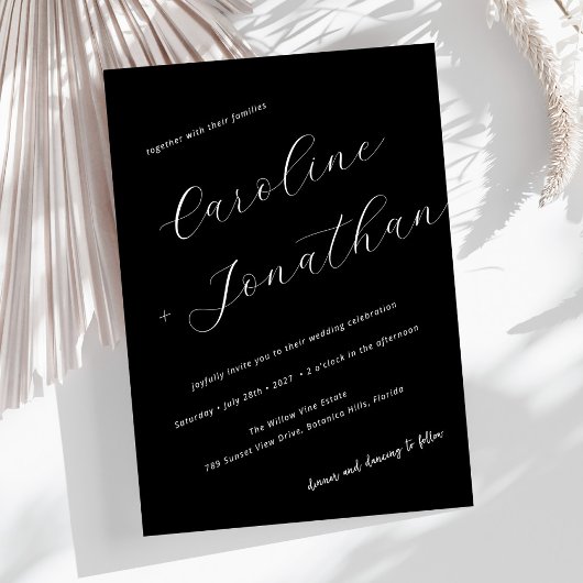 Invitation Noir minimaliste moderne Calligraphie Noms Mariage