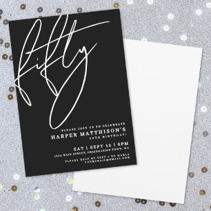 Invitation Noir Minimaliste Script Cinquante Fête d'anniversa