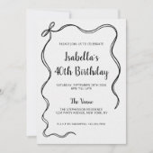 Invitation Noir moderne Blanc 40e anniversaire main tiré Bow (Devant)