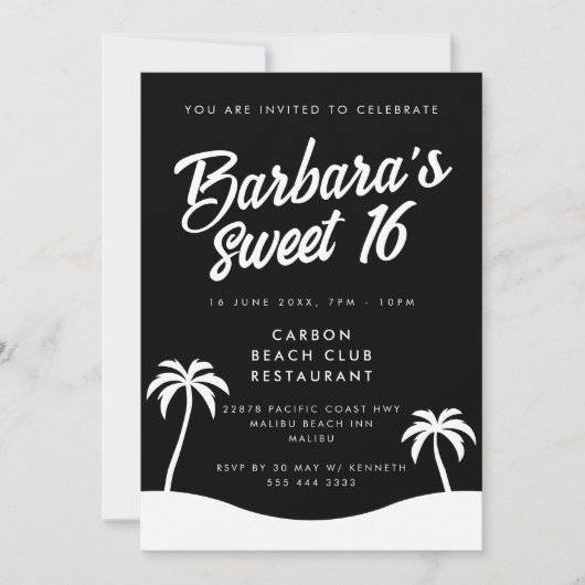 Invitation Noir moderne Blanc été Plage Party Sweet 16 (Devant)