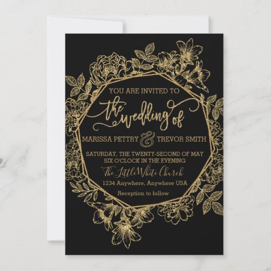 Invitation Noir moderne et mariage floral de feuille d'or (Devant)