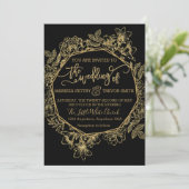 Invitation Noir moderne et mariage floral de feuille d'or (Debout devant)
