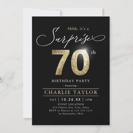 Invitation Noir moderne et or adulte surprise 70e anniversair (Devant)