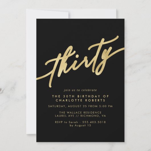 Invitation Noir moderne et or | Luxe Script 30e anniversaire (Devant)