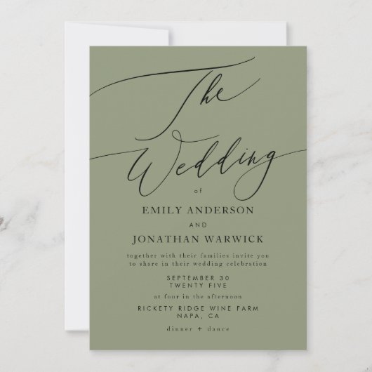 Invitation Noir moderne et vert Sage Mariage simple (Devant)
