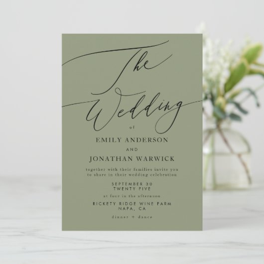 Invitation Noir moderne et vert Sage Mariage simple (Debout devant)