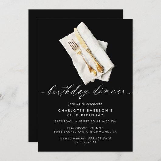 Invitation Noir moderne | Fantaisie Script Anniversaire Soiré (Devant / Derrière)