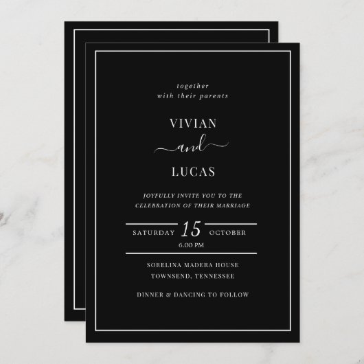 Invitation Noir moderne Formal Mariage minimal (Devant / Derrière)