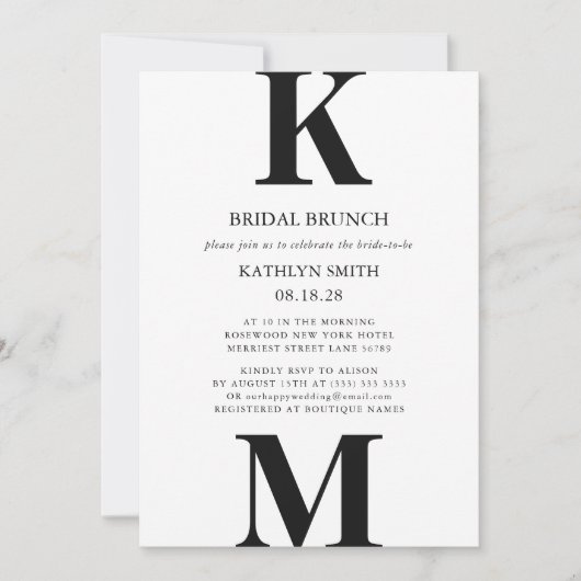 Invitation Noir Moderne Gras Monogramme Simple Bridal Brunch (Devant)