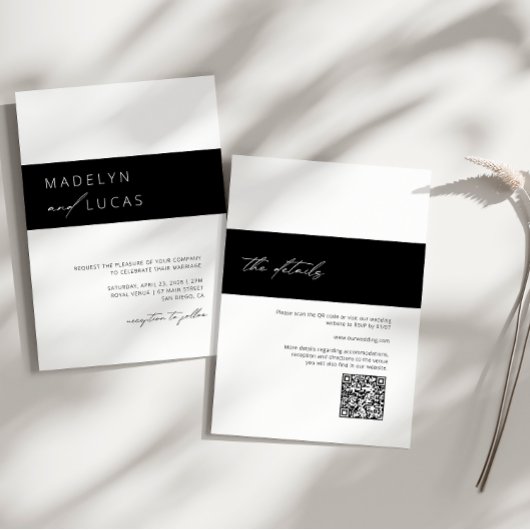Invitation Noir moderne | Mariage de code QR blanc dans