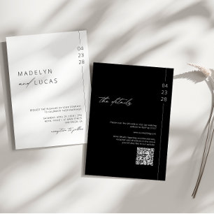 Invitation Noir moderne minimaliste   Mariage de code QR blan