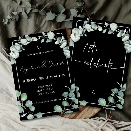 Invitation Noir moderne minimaliste vert Eucalyptus Mariage