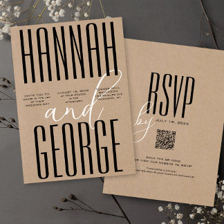Invitation Noir moderne Rustique Kraft Bold Code QR Mariage