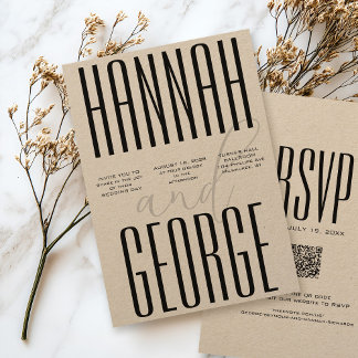 Invitation Noir moderne Rustique Kraft Bold Code QR Mariage