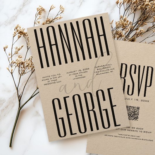 Invitation Noir moderne Rustique Kraft Bold Code QR Mariage