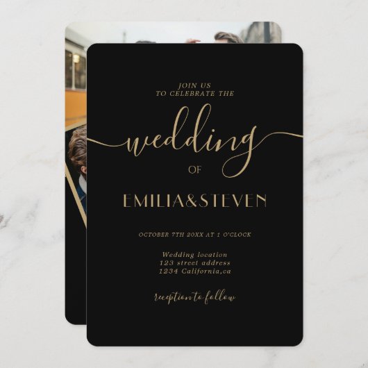 Invitation Noir moderne Script photo Initiales Mariage (Devant / Derrière)
