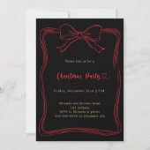 Invitation Noir nœud rouge dessin à la main Noël Party (Devant)