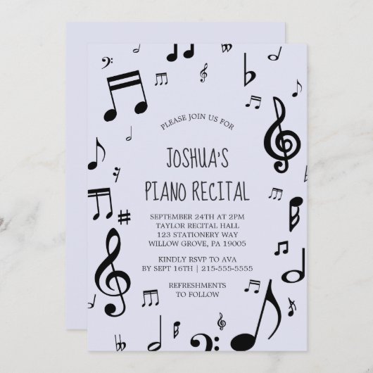 Invitation Noir note musicale Piano Considérant (Devant / Derrière)