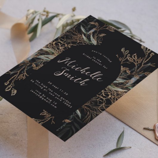 Invitation Noir Onyx Moderne Boho Or Fête des mariées feuillu