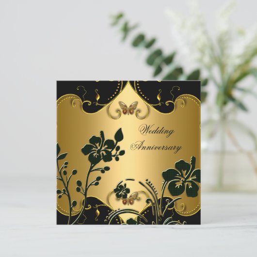 Invitation Noir Or Anniversaire de Mariage 50 ans Floral (Debout devant)