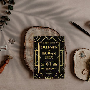 Invitation Noir & Or Art Déco Roaring 20s Personnalisé