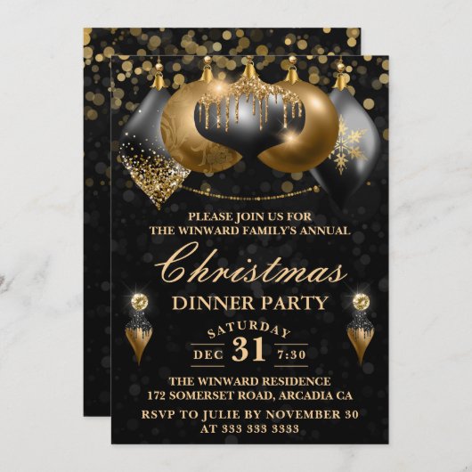 Invitation Noir & Or Baubles Noël Soirée de Noël (Devant / Derrière)