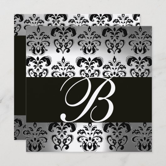 Invitation NOIR & OR DAMASK MONOGRAM pierre lune (Devant / Derrière)