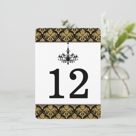Invitation Noir, Or Damassé, Porte-numéro de table à chandeli (Debout devant)