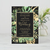 Invitation Noir & Or Elegant Mariage de Foliage Tropical (Debout devant)