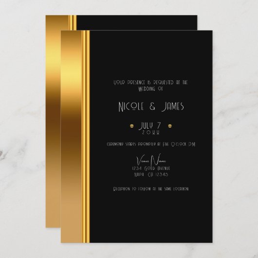 Invitation Noir & Or Elegant Royal Glam Mariage (Devant / Derrière)