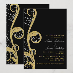 Invitation Noir Or et Paillettes d'Argent Élégant Tourbillon 