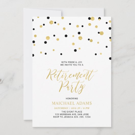 Invitation Noir & Or | Hexagon Confetti Retraite Party I (Devant)