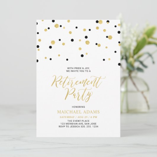 Invitation Noir & Or | Hexagon Confetti Retraite Party I (Debout devant)