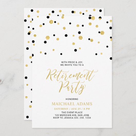 Invitation Noir & Or | Hexagon Confetti Retraite Party I (Devant / Derrière)